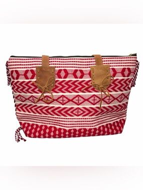 Noonday Collection Red Cotton & Leather Santa Lucia Tote Bag Purse